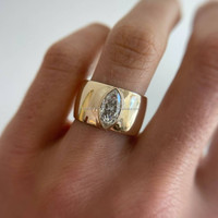 Anillo Único de Plata de Ley Chapado en Oro para Mujer, Corte Marquesa, Diamante Simulado, Bisel Grueso, Estilo Cigarra, Minimalista