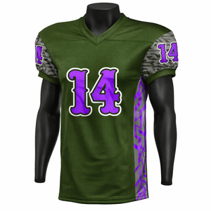 Maillot de football américain personnalisé unisexe col en V respirant en mesh uniforme d'équipe par sublimation short imprimé camouflage violet numéro OEM - Product Image 1