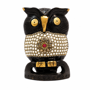Figura de Búho de Madera Tradicional Hecha a Mano con Incrustaciones de Piedras Preciosas, Escultura Decorativa para Mesa - Product Image 1