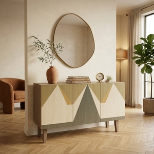 Buffet moderne en bois avec incrustation géométrique montagne, meuble TV 3 portes, meuble d'appoint pour salon, mobilier de maison - Product Image 3