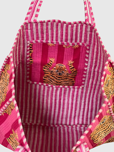 Bolsa de Lona Rosa a Rayas con Bordado de Tigre, Estilo Bohemio, Cierre Abierto, Bolsa de Compras para Mujer, Todas las Temporadas - Product Image 4