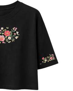 Camiseta Corta para Mujer, Color Negro, Bordado Floral, Manga Corta, Informal, Mezcla de Algodón Suave, Top de Verano para Mujer, Venta al Por Mayor - Product Image 3