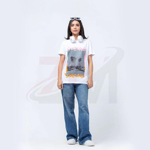 Camiseta Blanca de Cuello Redondo para Mujer con Estampado de Palmeras, Corte Holgado, Informal, para Verano, 100% Algodón Jersey, Transpirable, Manga Corta - Product Image 3