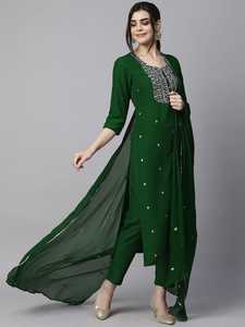 Conjunto de Kurta Verde Bordado en Rayón con Materiales Reciclados y Dupatta para Mujer, Ropa Tradicional para Fiestas, Salwar Kameez Indio Pakistaní - Product Image 4