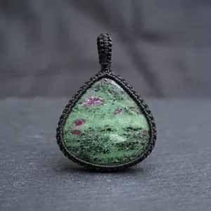<b>Ruby</b> Zoisite Macrame Pendant <b>Necklace</b> Handmade Boho Jewelry for Women, Adjustable Cord - Product Image 4