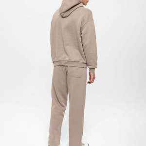 Traje Deportivo Color Caqui Sólido Personalizado para Hombre |   Conjunto de Sudadera con Capucha y Pantalones Deportivos de Felpa Beige Liso |   Chándal Urbano de Corte Regular 100% Maternidad - Product Image 3