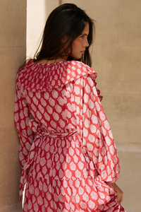 เดรสยาวพิมพ์ลายสีแดงสไตล์โบฮีเมียน คอวี แขนยาว ผ้าฝ้ายทรงหลวม สวมใส่สบาย เหมาะสำหรับฤดูร้อน สไตล์ชาติพันธุ์ สำหรับผู้หญิง - Product Image 3