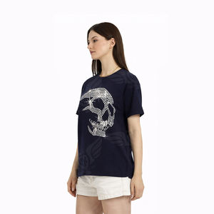 Custom Wholesale Women Rhinestone Skull Graphic T Shirt Short Sleeve O Neck Fashion Tee - Product Image 2