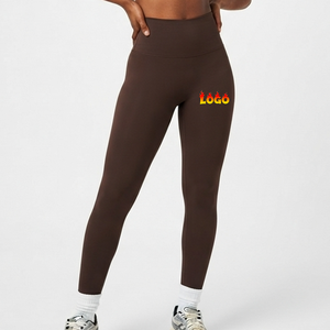 High Waisted Solid <b>Brown</b> Yoga <b>Leggings</b> Full Length Seamless Elastic Waist Women Athletic Fitness Pants Right Leg Logo - Product Image 4