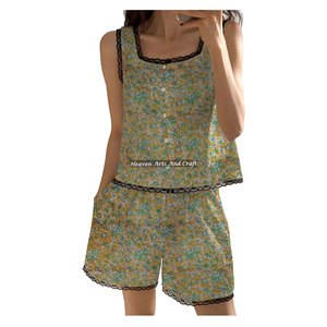 Ensemble de pyjama pour femme, doux et élégant, imprimé floral, avec dentelle, short et haut sans manches à volants, imprimé floral, printemps/été - Product Image 1