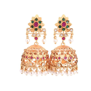 18K Gold Plated Pearl and Quartz Stud Earrings-Geometric Religious Jhumkis for Party - Product Image 1