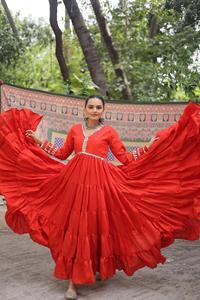 Vestido Moderno para Mujer Dhwaja Export, Tejidos Romanos, Adornos con Volantes, Encaje con Espejos, Secado Rápido, para Todas las Temporadas, Ideal para Diwali, Bodas y Fiestas - Product Image 3