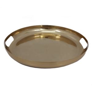 Bandeja de Servicio Decorativa Hecha a Mano, Redonda, de Aluminio con Latón Martillado F354, Madera EPL y Mármol, para Uso Doméstico - Product Image 1