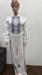 Women's <b>White</b> Two-<b>Piece</b> Long <b>Set</b> Blue O-Neck Sleeveless Casual Wear 100% Cotton Chiffon Breathable Regular Fit - Product Image 3