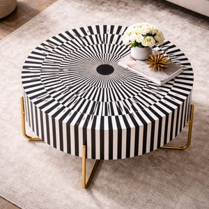 WOODEN ARTISTIC Black <b>White</b> Bone Inlay Coffee <b>Table</b> <b>Round</b> Center <b>Table</b> Modern Floral Pattern Living Room Furniture Rajasthan - Product Image 3