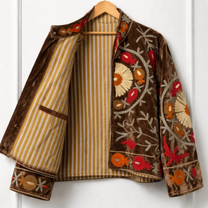 Elegante Chaqueta Bomber Sujani para Mujer, Reversible, Acolchada, Transpirable, Ecológica, de Terciopelo de Algodón Bordado Marrón, Tejido de Punto - Product Image 4