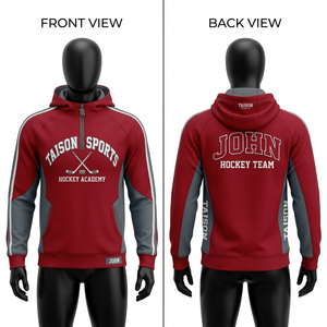 Sweat à capuche de hockey sur glace en polaire polyester 300 GSM de qualité supérieure, design à panneaux rouge et gris, logo brodé, tenue d'équipe personnalisée - Product Image 1