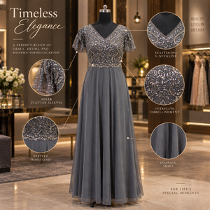 Gray Beaded A-Line <b>Evening</b> <b>Dress</b> | V-Neck Flutter Sleeve Floor Length Formal Gown with Embellished Bodice <b>for</b> <b>Wedding</b> Guest Wear - Product Image 5