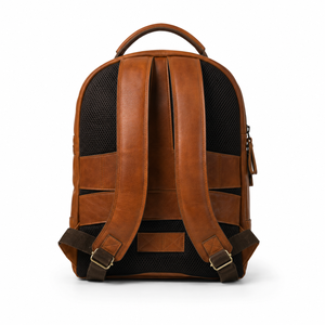 Sac à dos élégant pour ordinateur portable en cuir véritable marron, résistant à l'eau, bretelles réglables, dos en maille, fermeture éclair, unisexe - Product Image 2