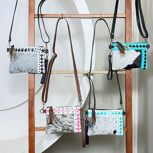 2025 Western New Arrival Cowhide Leather Crossbody <b>Bag</b> Checkered Pattern Wristlet <b>Purse</b> Boho Sling <b>Bag</b> Handmade Clutch for Women - Product Image 4