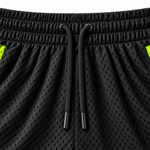 Pantalones Cortos Deportivos Personalizados de Doble Malla con Cintura Media, Negros con Rayas Neón Verde Lima, Sublimados con Cordón Ajustable para Entrenamiento de Equipo y Gimnasio - Product Image 4