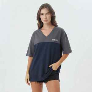 Women's Color Block <b>V</b>-<b>Neck</b> <b>Oversized</b> <b>T</b>-<b>Shirt</b> Short Sleeve Loose Fit Cotton Jersey Breathable Spring Summer Top - Product Image 1