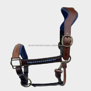 Heavy Duty Fancy design anatomique doux rembourré marron ou beige licou de cheval en cuir véritable décoré de cristaux bleus bling - Product Image 4