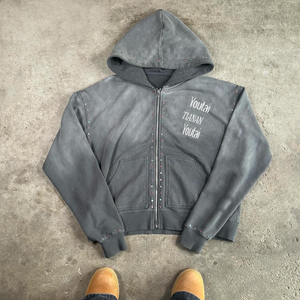 Ensemble survêtement homme streetwear hiver, sweat à capuche et pantalon évasé, personnalisé, effet vieilli, avec fermeture éclair et strass colorés, délavé à l'acide, 100% coton - Product Image 3