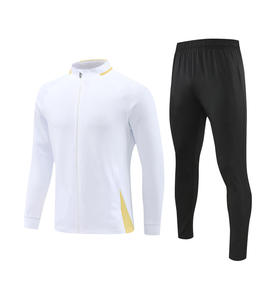 Ensemble de vêtements de sport pour hommes, veste de football bleu marine à fermeture éclair intégrale avec accents jaunes et pantalon à taille élastique noir, toutes saisons - Product Image 2