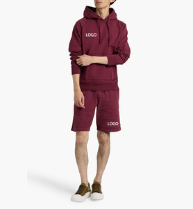 Men's Maroon Hooded Sweatshirt <b>Set</b> Solid Color Casual Breathable <b>Knitted</b> Eco-Friendly Fleece Shorts Summer Wear - Product Image 4