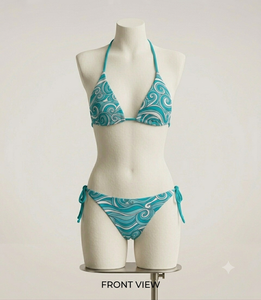 Conjunto de Bikini Halter para Mujer con Estampado de Olas, Parte Inferior con Lazos Laterales, Poliéster de Secado Rápido, Cordón Ajustable, Corte Regular, Estampado Digital Elástico - Product Image 2