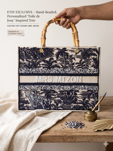 Sac fourre-tout en toile personnalisé avec perles faites à la main et poignée en bambou, sac de shopping en toile perlée avec nom personnalisé pour femmes - Product Image 2
