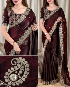 Sari en satin Fandy à effet bicolore avec broderies complexes et travail de zari, accompagné d'un chemisier bicolore non cousu - Product Image 4