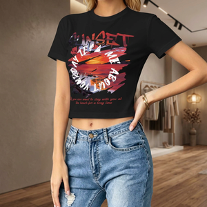 Camiseta Corta para Mujer, Corte Regular, Manga Corta, Cuello Redondo, Diseño Estampado de Atardecer, Top Informal de Verano, Jersey de Spandex/Poliéster - Product Image 4