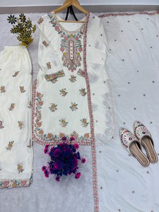 Cream Chinon Embroidered Top With Plazzo And Dupatta Traditional <b>Indian</b> Ethnic Wear For Wedding <b>Indian</b> Boutique LAtest Exclusive - Product Image 5