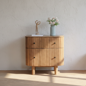 Mesa de Noche Moderna de Madera Maciza de Teca con Altura Ajustable, Dos Cajones, Acabado Natural para Dormitorio, Sala de Estar, Hogar y Hotel - Product Image 1