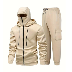 Ensemble de survêtement beige à capuche pour homme, fermeture éclair intégrale, manches longues, pantalon cargo, tenue décontractée d'automne, couleur unie, matière polyester - Product Image 1