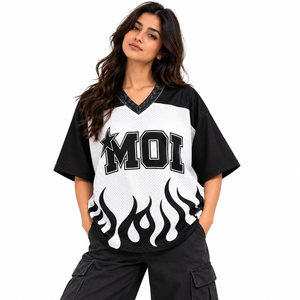 Y2K <b>Black</b> <b>White</b> Mesh <b>Football</b> Jersey Flame Graphic Oversized V Neck Short Sleeve Unisex Custom Sportswear Factory Direct - Product Image 2