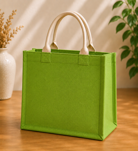Sac de courses en toile de jute verte avec broderie 35x28x15cm avec poignée supérieure pour le rangement - Product Image 6