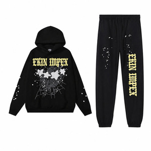 Sweat à capuche intégral Ekin Streetwear Y2K surdimensionné pour homme en coton avec impression personnalisée en relief et broderie toile d'araignée en strass - Product Image 1