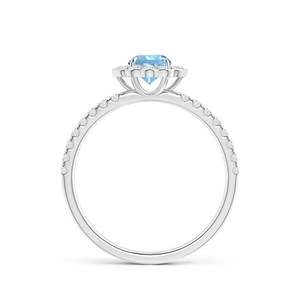 Bague en or pur 14 carats de style vintage, 5 mm, en aquamarine naturelle en forme de fleur, avec accent de diamants pavés, bijoux fins faits à la main, bague de mariage - Product Image 2