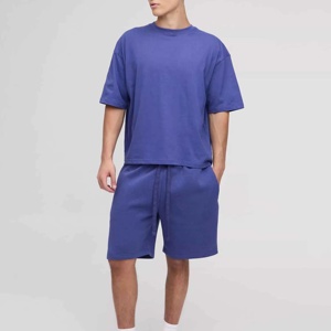 Men's Solid Blue Cotton Casual Two Piece Set Summer Knitted Oversized <b>T</b>-<b>Shirt</b> and Shorts - Product Image 2