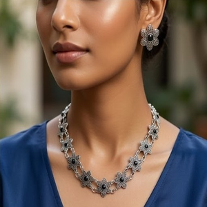 DIVYORO Women's Classic OXIDIZED <b>SILVER</b> BLACK FLORAL Adjustable Length <b>CHOKER</b> SET - Product Image 4