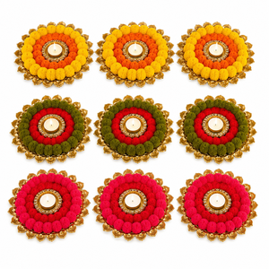 Ensemble de tapis à bougies chauffe-plat faits main avec pompons pour la décoration de Diya, Pooja, Rangoli, mariages, festivals, réutilisable, décoration intérieure, cadeau - Product Image 1