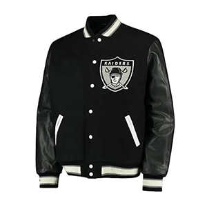 เสื้อแจ็คเก็ตวาร์ซิตี้ทีมลาสเวกัส เรดเดอร์ส สำหรับผู้ชาย สีดำ ทำจากผ้าขนสัตว์ แขนหนัง ปักลายโลโก้  เสื้อแจ็คเก็ตเบสบอลแบบสั่งทำพิเศษ - Product Image 2
