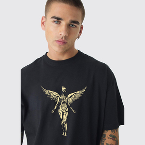 Men's <b>Black</b> Short Sleeve T-Shirt With Gold <b>Winged</b> Figure Print O-Neck Casual Jersey Fit 100% Cotton Breathable Regular Fit - Product Image 4