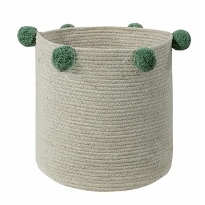 Beige Macrame <b>Basket</b> With Green Pom Pom Detail Stylish Storage Organizer For Home Decor Laundry Toys And Gifting Use From India - Product Image 1