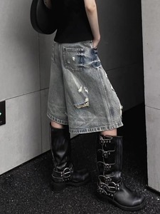 DENIMGUYS Jorts en jean personnalisés pour homme, style vintage, d'été, effet vieilli et usé, avec patchs et appliques, coupe charpentier, streetwear, jambe large, ourlet dégarni - Product Image 3