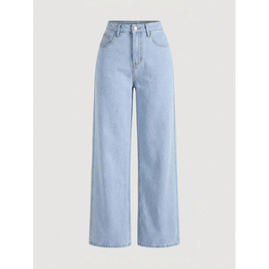 Pantalon en jean taille haute bleu clair à jambe large pour homme, décontracté, en coton délavé, respirant, avec braguette boutonnée, style printemps - Product Image 1