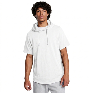 Men's Navy Blue <b>Short</b> <b>Sleeve</b> Hooded T-Shirt Oversized Fit Casual Solid Color Knitted Cotton Breathable Summer <b>Hoodie</b> - Product Image 3